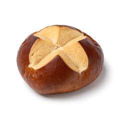 Single fresh baked German Lye roll close up isolated on white background 