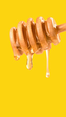 Liquid Organic Honey Dripping from a Honey Dipper on a Light Background. Healthy Food Concept. Golden Honey Drops Pouring and Flowing from Wooden Spoon