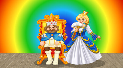 King and queen cartoon character on rainbow gradient background