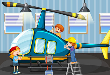 Scene with children repairing helicopter together