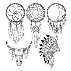 Set of hand-drawn dreamcatcher, buffalo. Tribal design boho elements. Boho art. - 461676595