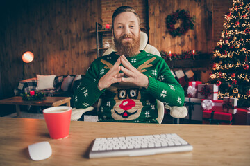 Photo of bearded confident man sit desk hold fingers look webcam wear ugly pullover decorated...