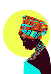 Beautiful girl in a sky blue dress with dark skin with a turban on her head illustration. For the design and advertising of fashionable clothes, accessories, goods, posters, printing on clothes  