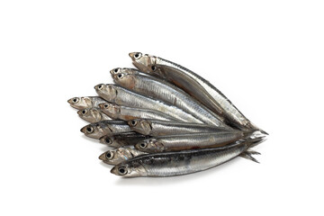 close up fresh anchovies on a perfect white background, top view.