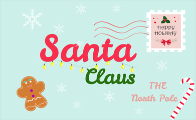 Fototapeta na wymiar Dear santa claus mail envelope. Christmas surprise letter, child postcard with north pole postmark cachet vector illustration