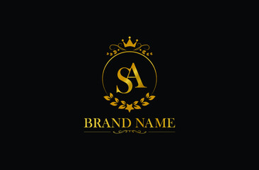 Luxury letter SA vector logo mark, elegant ornament monogram, Golden Initials S and A with crown