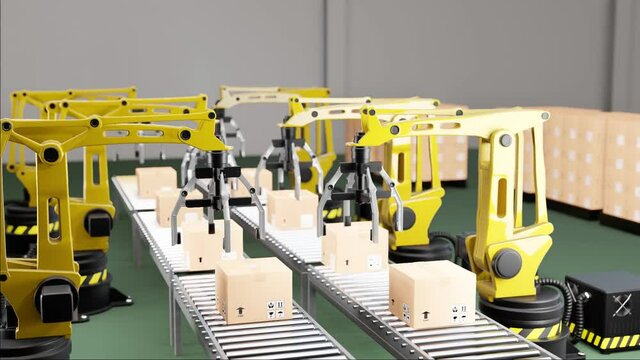 Robotic arm loading cartons on pallet. Boxes on conveyor of manufacture. Automate processes production on factory, Logistics technology of industry,Green Backgroud. 3d render.