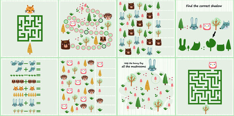 Mini games collections with forest animals  for development. I spy. Maze. Colorful vector illustration in flat style. 