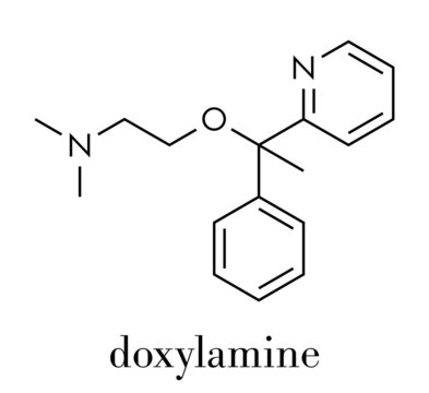 Doxylamine antihistamine drug molecule. Also used as over-the-counter (OTC) sedative. Skeletal formula.