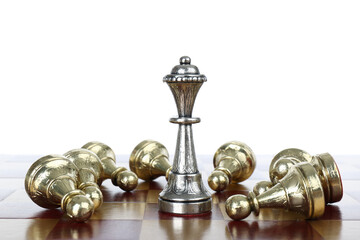 Fototapeta na wymiar Silver queen among fallen golden pawns on wooden chess board against white background