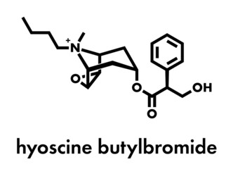 Butylscopolamine (hyoscine butylbromide, scopolamine butylbromide, butylhyoscine) drug molecule. Used in treatment of abdominal and menstrual cramps. Skeletal formula.