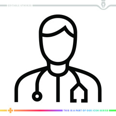 Editable line icon of doctor diagnostics as a customizable black stroke eps vector graphic.