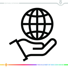 Editable line icon of global delivery as a customizable black stroke eps vector graphic.