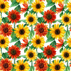 Fototapeta na wymiar Seamless pattern with flowers of sunflowers. Watercolor Hand drawn illustration for wrapping paper, textile printing.