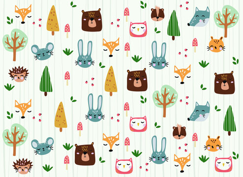 Vector pattern with hand drawn wild forest animals, trees, flowers, mushrooms. Illustration for cards, invitations, baby shower, preschool and children room decoration