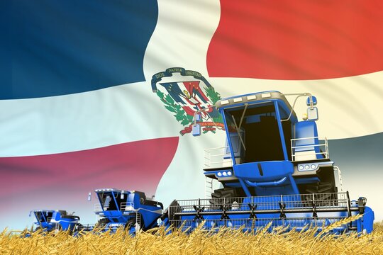 Blue Farm Agricultural Combine Harvester On Field With Dominican Republic Flag Background, Food Industry Concept - Industrial 3D Illustration