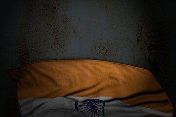 nice dark photo of India flag with large folds on rusty metal with empty space for your text - any feast flag 3d illustration..