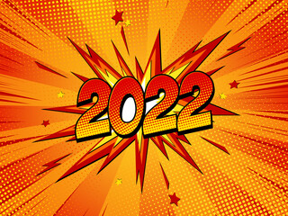 Happy new year 2022 comic greetings card with lightning blast. Cartoon Vector Illustration on red.
