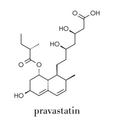 Pravastatin cholesterol lowering drug molecule. Skeletal formula.
