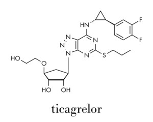 Fototapeta premium Ticagrelor platelet inhibitor drug. Used to prevent thrombosis. Skeletal formula.