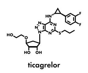 Fototapeta premium Ticagrelor platelet inhibitor drug. Used to prevent thrombosis. Skeletal formula.