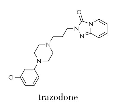 Trazodone antidepressant, hypnotic and anxiolytic drug molecule. Skeletal formula.