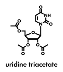 Uridine triacetate drug molecule. Used as antidote to treat chemotherapy overdoses. Skeletal formula.