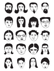 Vector illustration with doodle sketch. Linear portrait of woman, men.