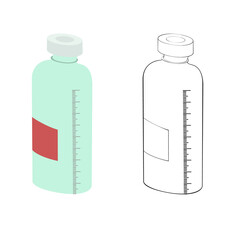 A vector illustration of two graduated glass bottles for solutions isolated on white background. Designed in different colors for medical concepts