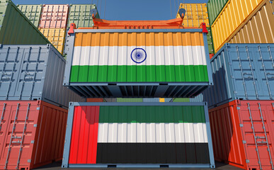 Freight containers with United Arab Emirates and India national flags. 3D Rendering 
