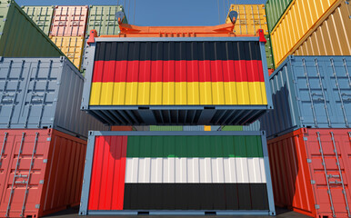 Freight containers with United Arab Emirates and Germany national flags. 3D Rendering 