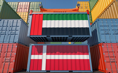 Freight containers with United Arab Emirates and Denmark national flags. 3D Rendering 
