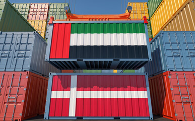 Fototapeta premium Freight containers with United Arab Emirates and Denmark national flags. 3D Rendering 
