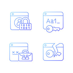 Password encryption gradient linear vector icons set. Internet safety. Corporate system security. Password management. Thin line contour symbols bundle. Isolated outline illustrations collection