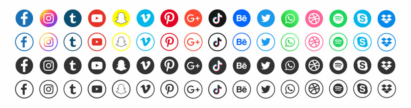 Round social media icons or social network logos flat icon set collection for apps and websites