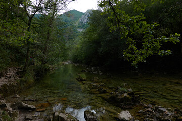 Fototapeta na wymiar Senda De La Hoya De San Vicente across the Dobra River in the Ponga Natural Park in Asturias. Spain