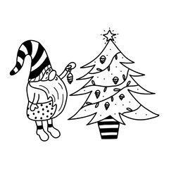 Cute little Christmas gnome stands next to the tree and hangs a pine cone toy. Black and white vector illustration hand drawn isolated. Merry Christmas and happy new year