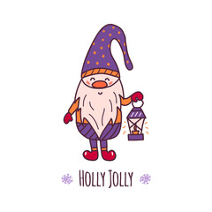 Cute little Christmas gnome is holding a flashlight with burning candles. Inscription holly jolly and snowflakes. Poster or card. Colorful vector illustration hand drawn isolated