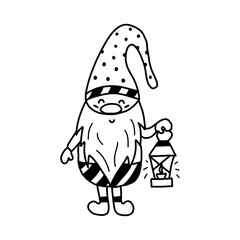 Cute little Christmas or garden gnome is holding a flashlight with burning candles. Black and white vector illustration hand drawn isolated