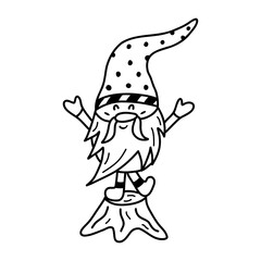 Cute little Christmas or garden gnome stands on a tree stump and sings a song. Black and white vector illustration hand drawn isolated