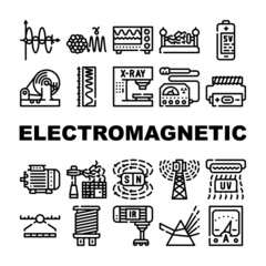 Electromagnetic Science Physics Icons Set Vector. Electromagnetic And Ultraviolet Waves, X-ray Electronic Equipment And Spectrum Range, Prism Light And Sv Battery Contour Illustrations