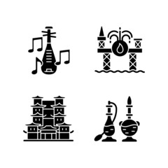 Culture of Singapore black glyph icons set on white space. Pipa musical instrument. Offshore drilling. Tooth relic temple. Vintage perfume bottles. Silhouette symbols. Vector isolated illustration