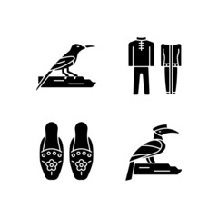 Singaporean bird species black glyph icons set on white space. Traditional Singapore costume. Beaded slippers. Tropical birds. National dresses. Silhouette symbols. Vector isolated illustration © IMG visuals icons