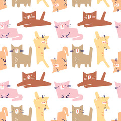 Seamless Pattern with Cartoon Cat Design on White Background