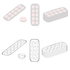 An outline jpeg illustration of two sets of pills and piles of pill blisters isolated on transparent background. Designed in beige, grey, black and white colors for medical concepts