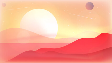 Vector illustration, cartoon 2D style. Evening or morning. Yellow sky with stars, comets and planets. Beautiful landscape with fog effects.  
