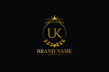 Naklejka premium Luxury letter UK vector logo mark, elegant ornament monogram, Golden Initials U and K with crown