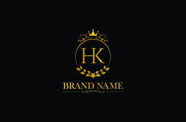 Luxury letter HK vector logo mark, elegant ornament monogram, Golden Initials H and K with crown