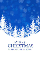 Merry Christmas card with tree and snowflakes background.