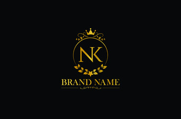 Luxury letter HK vector logo mark, elegant ornament monogram, Golden Initials H and K with crown